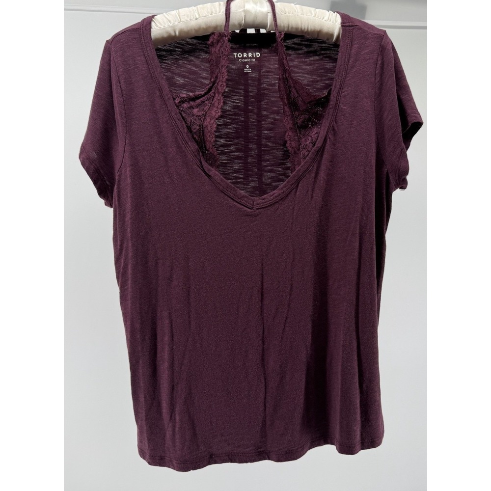Torrid Size 0 (0X) Plum Lace Inset V Neck Slub Knit Top Tie Back Boho Casual